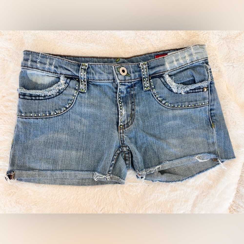 Women's X2 Denim Laboratory Rhinestone Detail Jean Shorts - Medium Wash -Size 26
